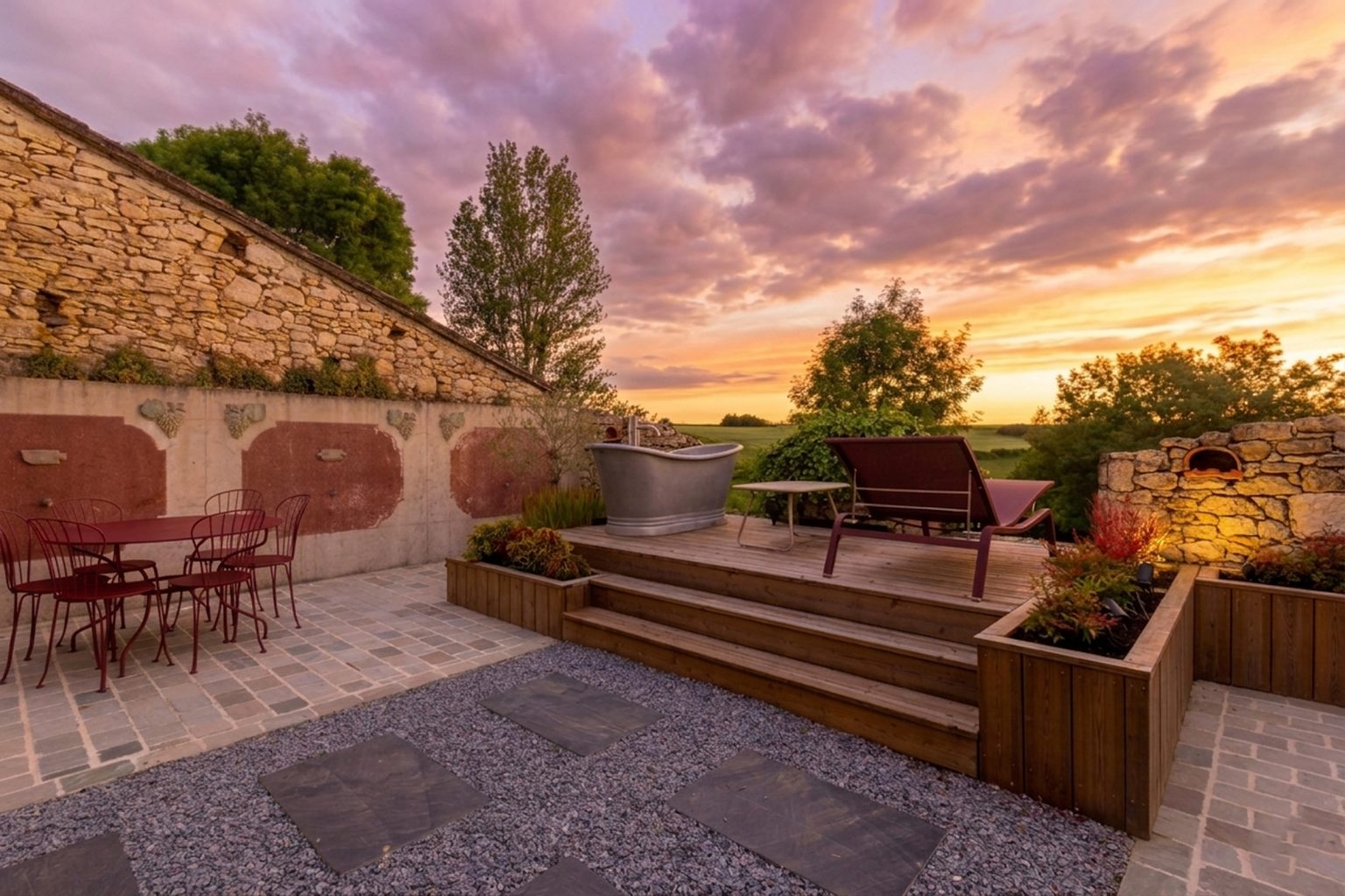 The feature exterior bath and what a view, ideal to watch the sunset at Blanchet luxury holiday home in Southwest France, overlooking the rolling valley views between Bordeaux and Bergerac.
