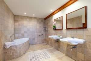 Bathroom with bath, walk in shower and wc shared with bedrooms 2 and 3