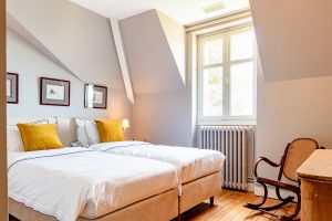 Bedroom 2, Air-conditioned, en-suite, on the top floor. Next to bedroom 1, Château de Bel Air, Lalande-de-Pomerol near Bordeaux, France
