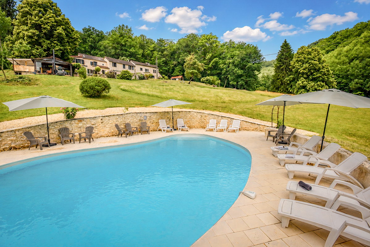 From the pool looking towards the appartments at Beau Foret, Font Neuve near Souillac, Dordogne Valley, France