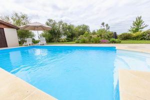 Garden surrounds the pool