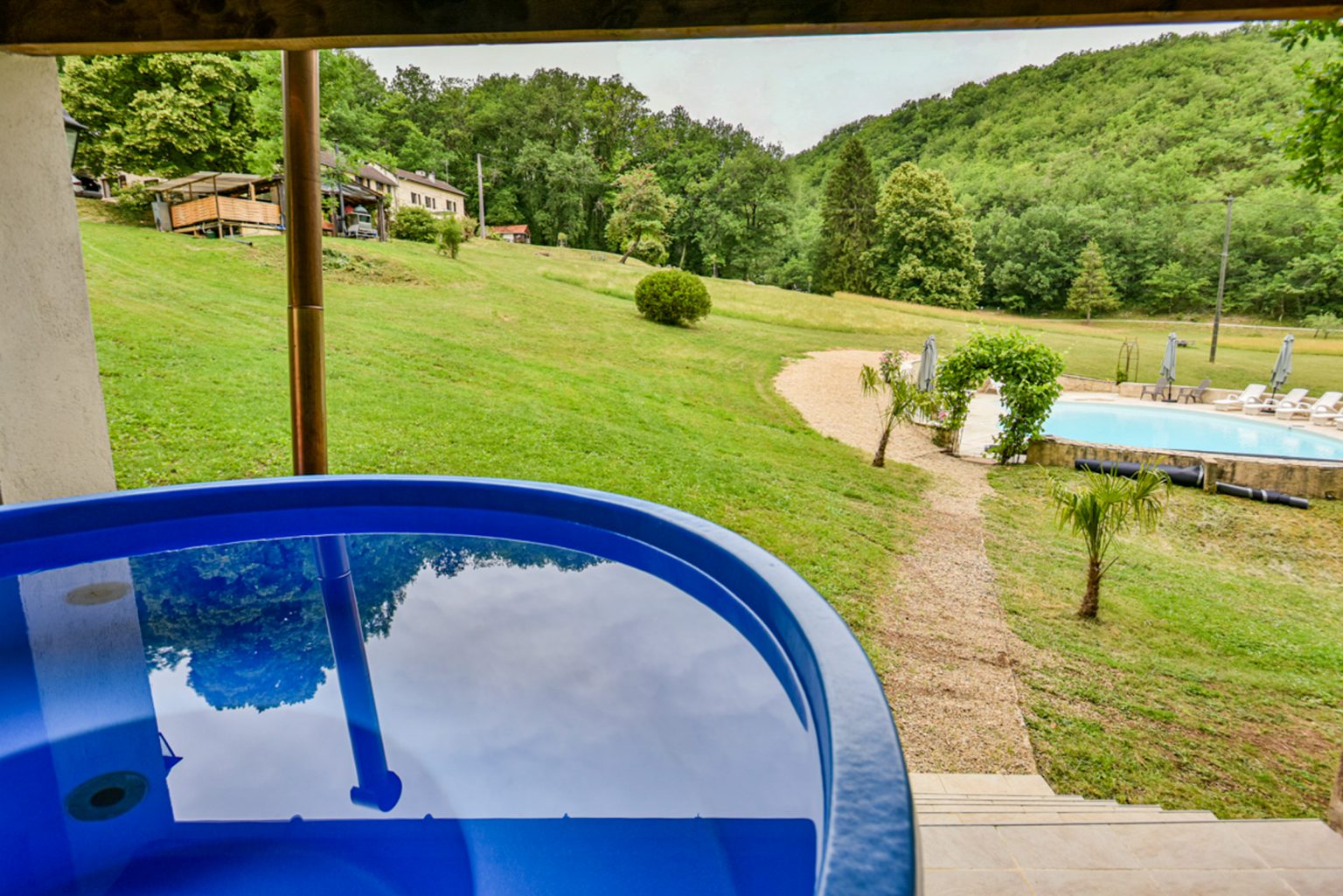In the wood fired hot tub at Beau Foret, it's also known as Font Neuve holiday villas near Souillac, Dordogne Valley, France