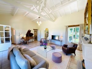 Living room, dual aspect double opening doors