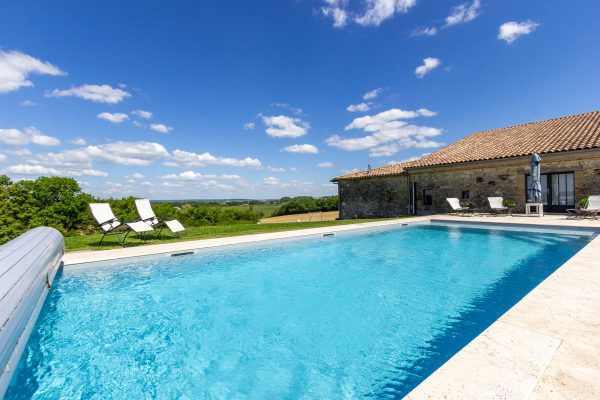 Private pool with a secure electric cover, Les Bories. Wonderful valley views, Near Bordeaux, St Emilion, Bergerac in SW France