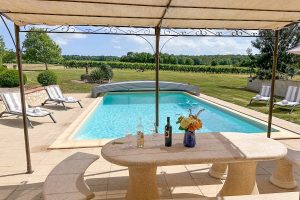 Shaded seating by the pool at Jubin, 5 bedroom villa with a secure private pool