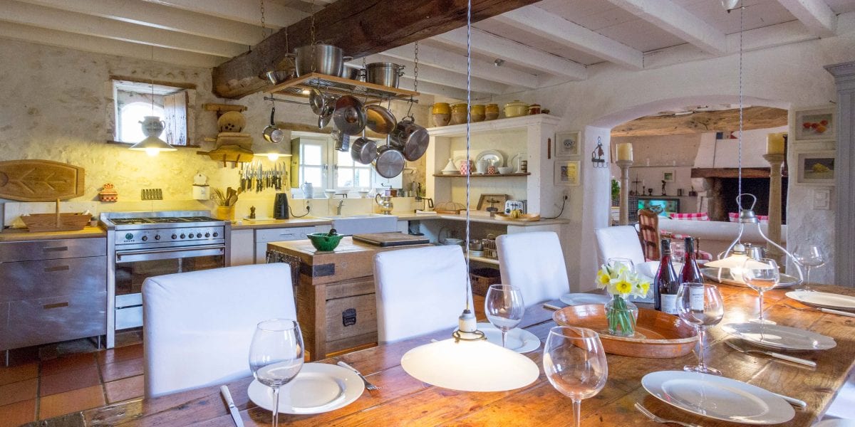 The dining table and kitchen