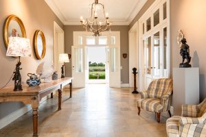 The entrance hallway looking out from the back of the house, Château de Bel Air, Lalande-de-Pomerol near Bordeaux, France
