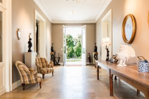 The entrance hallway looking out from the front of the house, Château de Bel Air, Lalande-de-Pomerol near Bordeaux, France