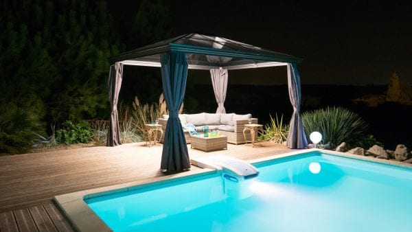 The pool area at night