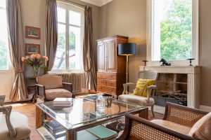 The sitting room, with views from the front of the house and also the pool, Château de Bel Air, Lalande-de-Pomerol near Bordeaux, France